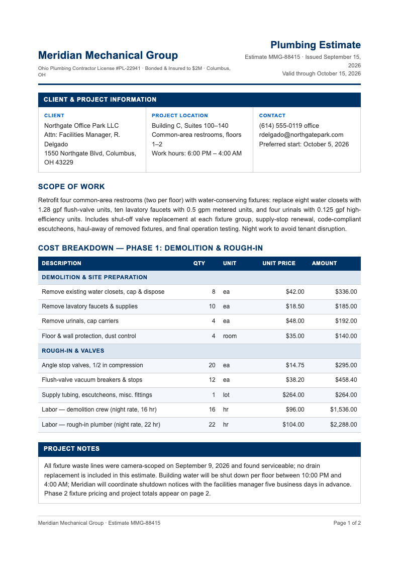 Corporate standard plumbing estimate